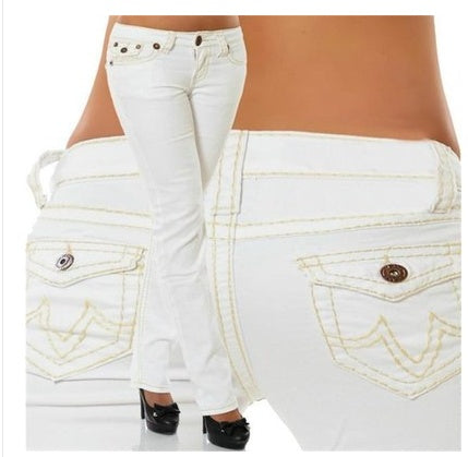 Trousers Jeans For Women Pants Solid White Style Slim Blue