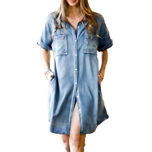 Casual Women Denim Pocket Short Sleeve Dress