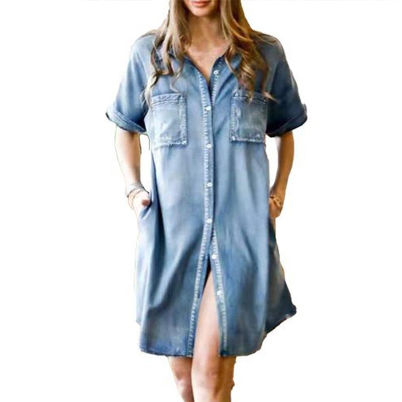 Casual Women Denim Pocket Short Sleeve Dress