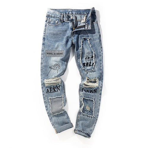 Knee hole patch patch cloth jeans men and women personality tide brand light blue Slim feet long pants