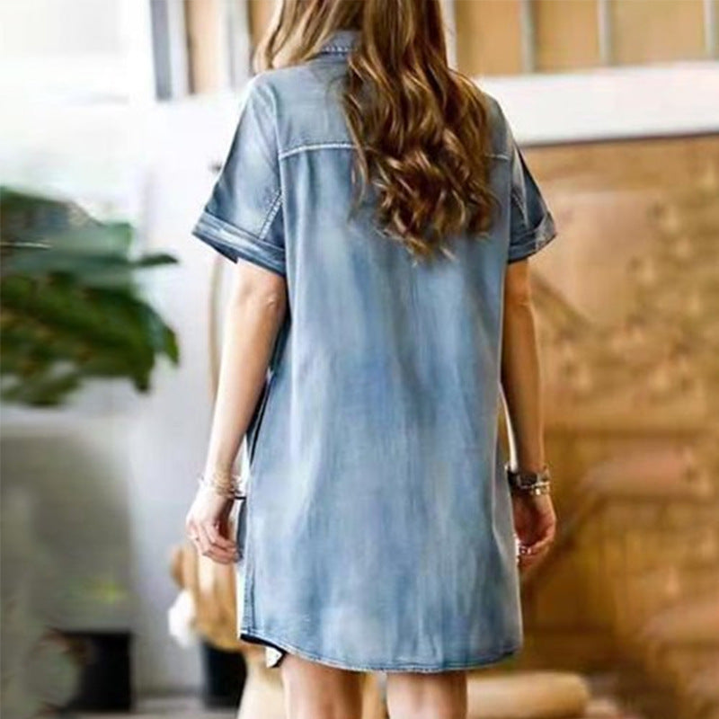 Casual Women Denim Pocket Short Sleeve Dress