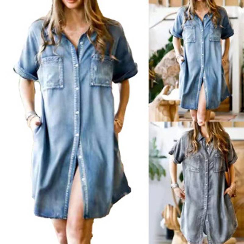 Casual Women Denim Pocket Short Sleeve Dress