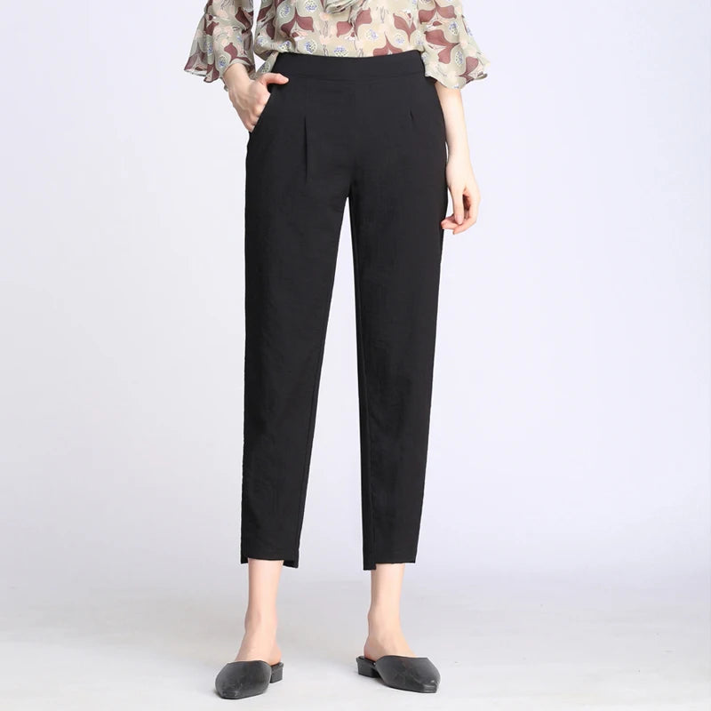 Women Trousers Solid Elastic Waist Cotton Linen Pants