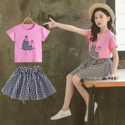 New Summer baby kids Girls Clothes Children Set Outfits Fashion Girls T-shirt + Plaid Shorts 2 3 4 5 6 7 8 9 10 11 12 Years