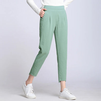 Women Trousers Solid Elastic Waist Cotton Linen Pants