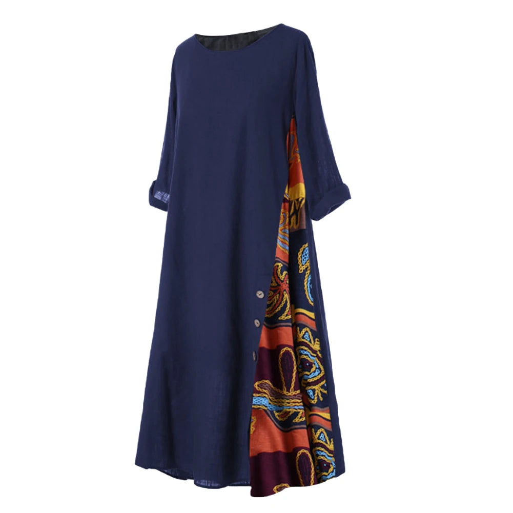 Loose Dresses Women Vintage O Neck 3/4 Sleeve Side Buttons Printed Mom Loose Long Dress Robe Femme Vestidos