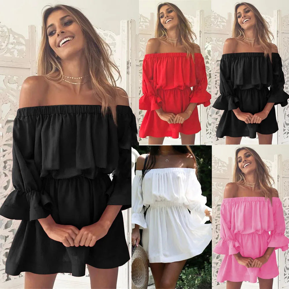 NEW Women Summer Casual Off Shoulder Party Evening Beach Dress Short Mini Dress