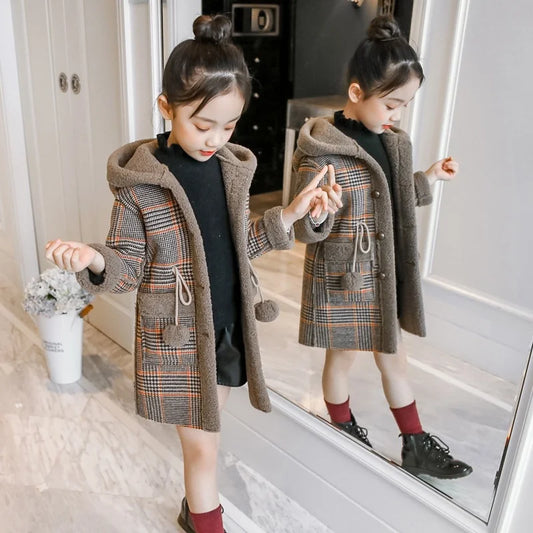 Autumn Winter Girls Hairy Coat Fashion Design Long Coat for Girls Kids Outerwear Grid Pattern Warm Winter Jacket Coats 4-12T