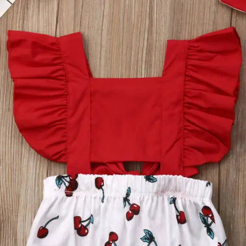 Cute Newborn Baby Girl Clothes Sets Ruffle Backless Cherry Romper Headband 2pcs Summer Outfits Toddler Infant Jumpsuit 0-18M