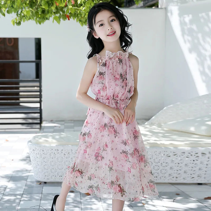 Bohemian Summer Girls Flower Dress Kids Girl Beach Dresses Chiffon Kids Dresses Floral Teenager Girls Clothes 6 8 10 12 14 Year