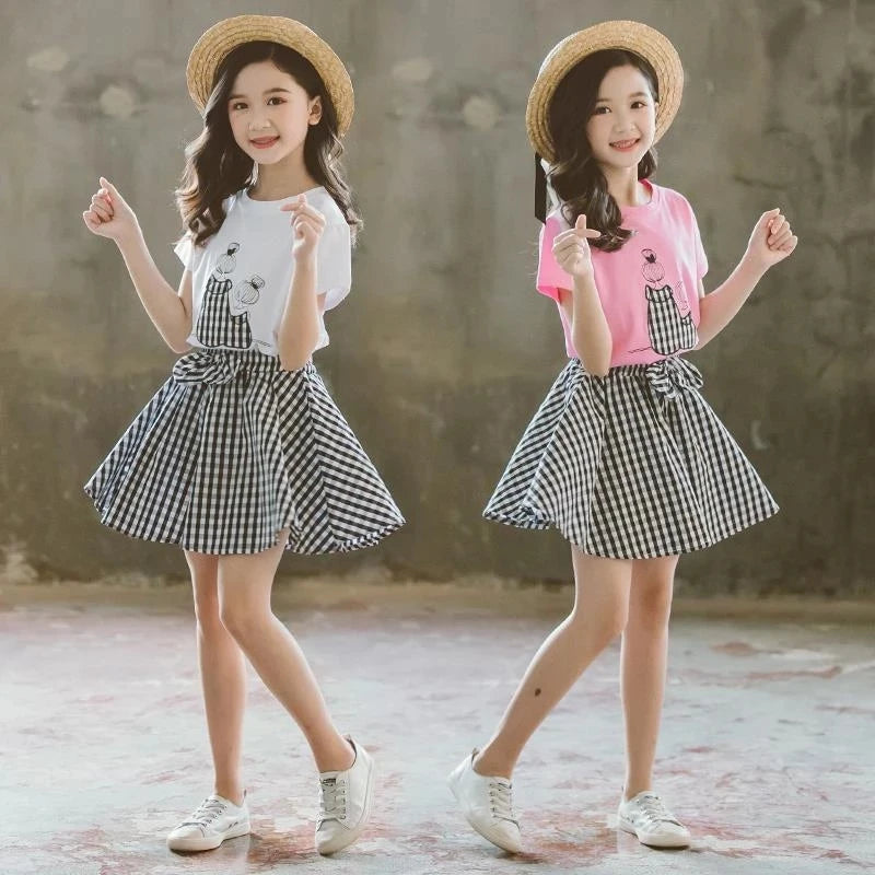 New Summer baby kids Girls Clothes Children Set Outfits Fashion Girls T-shirt + Plaid Shorts 2 3 4 5 6 7 8 9 10 11 12 Years