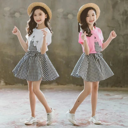 New Summer baby kids Girls Clothes Children Set Outfits Fashion Girls T-shirt + Plaid Shorts 2 3 4 5 6 7 8 9 10 11 12 Years