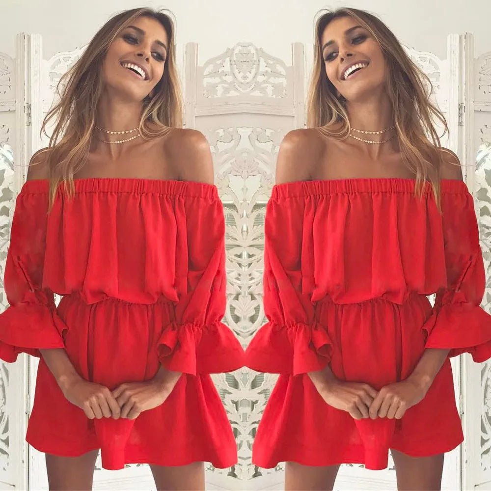 NEW Women Summer Casual Off Shoulder Party Evening Beach Dress Short Mini Dress