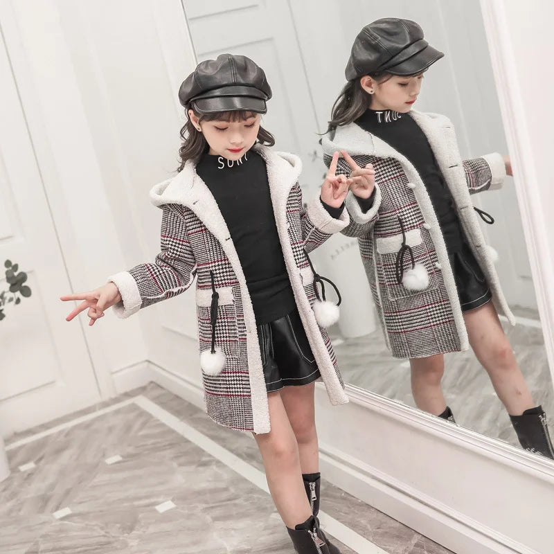 Autumn Winter Girls Hairy Coat Fashion Design Long Coat for Girls Kids Outerwear Grid Pattern Warm Winter Jacket Coats 4-12T