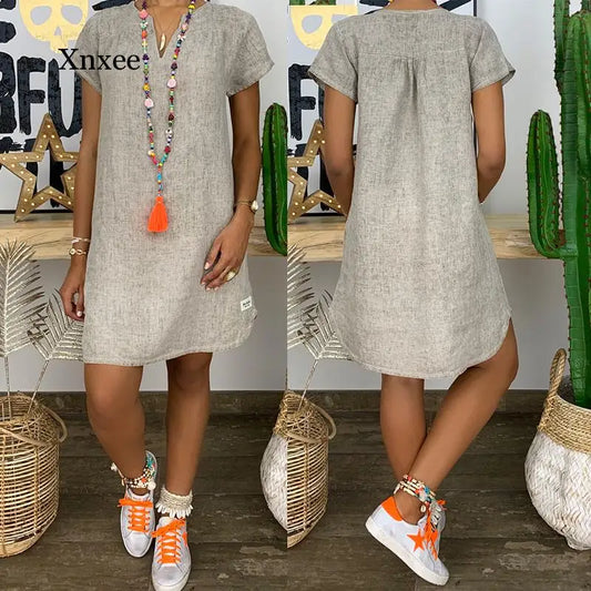 Linen Beach Straight Shirt Mini Dress Short Sleeve  Women 2021 Summer Casual V Neck Solid Loose Fashion Vestidos