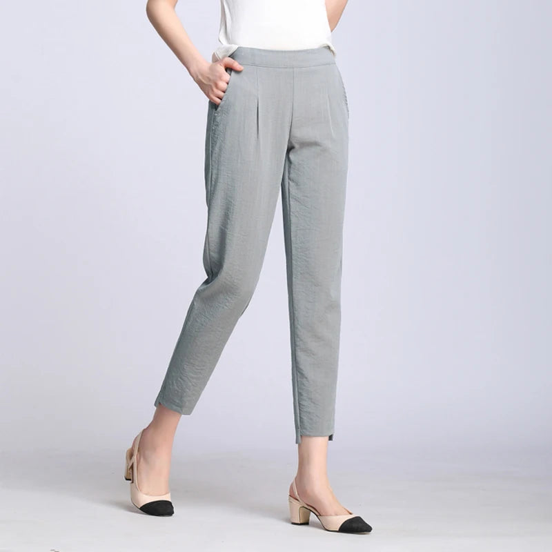 Women Trousers Solid Elastic Waist Cotton Linen Pants