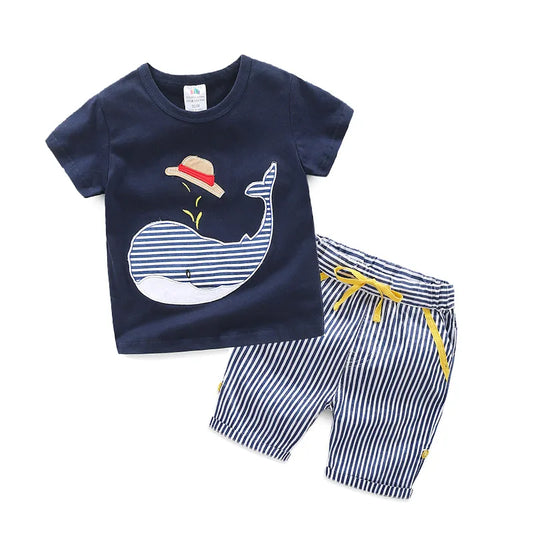 2024 Summer 2 3 4 6 8 10 Years Cartoon Whale Fish Print T-Shirt+Striped Shorts Drawstring Handsome 2 Piece Kids Boy Casual Sets