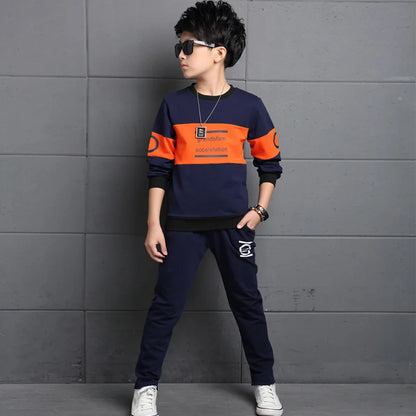 2024 autumn winter Boys Tracksuit velvet Children Sets Cotton striped letter T-Shirt + long Pants 2Pcs Suit Clothes 8 10 12 year