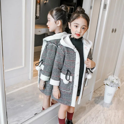 Autumn Winter Girls Hairy Coat Fashion Design Long Coat for Girls Kids Outerwear Grid Pattern Warm Winter Jacket Coats 4-12T