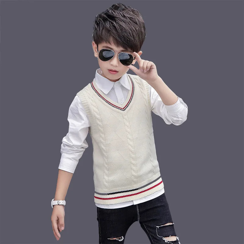 Kids Boys Knitted Vests Autumn/Winter Children Cotton Waistcoats For School Boys 6 8 10 12 14 16 Years Wear Dwq569