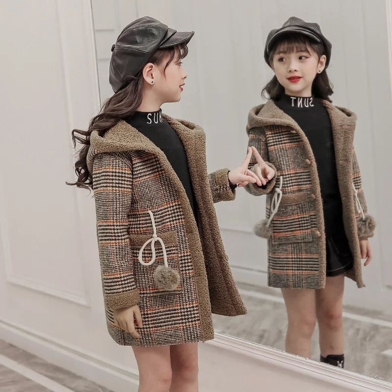 Autumn Winter Girls Hairy Coat Fashion Design Long Coat for Girls Kids Outerwear Grid Pattern Warm Winter Jacket Coats 4-12T