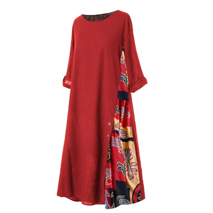 Loose Dresses Women Vintage O Neck 3/4 Sleeve Side Buttons Printed Mom Loose Long Dress Robe Femme Vestidos