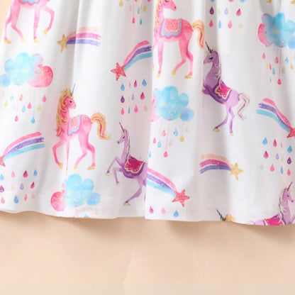 Summer Cute Girl Dresses Cartoon Unicorn Pattern Flying Sleeve Kids Girls Party Dresses 2 To 8 Years Kids Casual Clothes