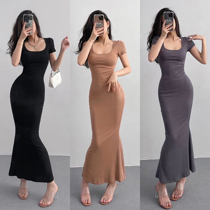 Summer Solid Color Slim Long Dress Women Short Sleeve