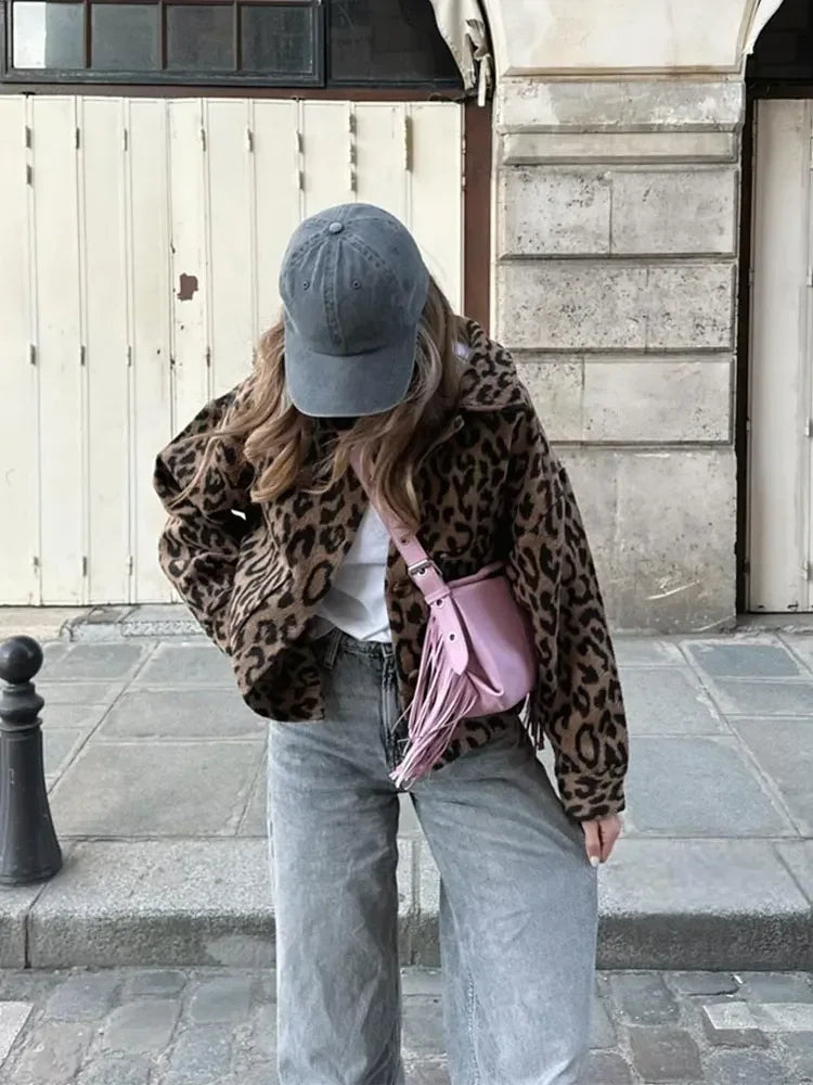 Elegant Leopard Print Woolen Jacket For Women Chic Lapel Long Sleeves Single Breasted Coats Spring Female High Streetwear 2024