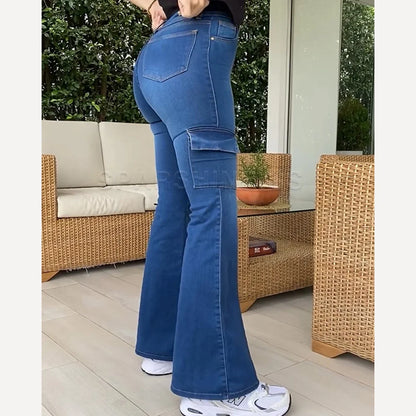 Vintage Flared Stretch Jeans Women Mid Waist Fashion Simple y2k Pants 2024 Denim Trousers Pocket Design Jeans