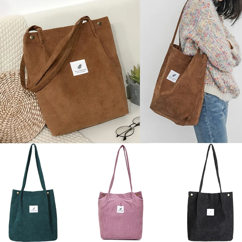 Women Bag Corduroy Shoulder Bags Reusable Cotton Cloth Handbags