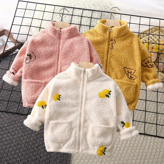 Girls Fleece Coat Kids Cartoon Printed Outerwear Spring Autumn Toddler Warm Jacket 1 To 12Yrs Children's Thicken Clothing Casual