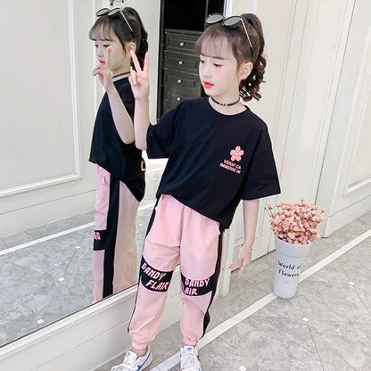 2024 summer girls Clothes Child Sports Suit Teen tracksuit flower t shirt tops + Ankle-tied pants striped 4 5 7 8 10 11 12 years