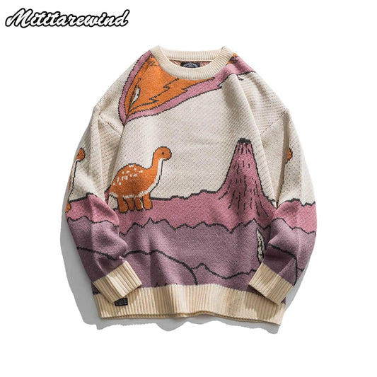 Japanese Style Sweaters for Men Jacquard Cartoon Dinosaur Print Casual Loose Round Neck Pullover Sweaters Harajuku Fashion Tops