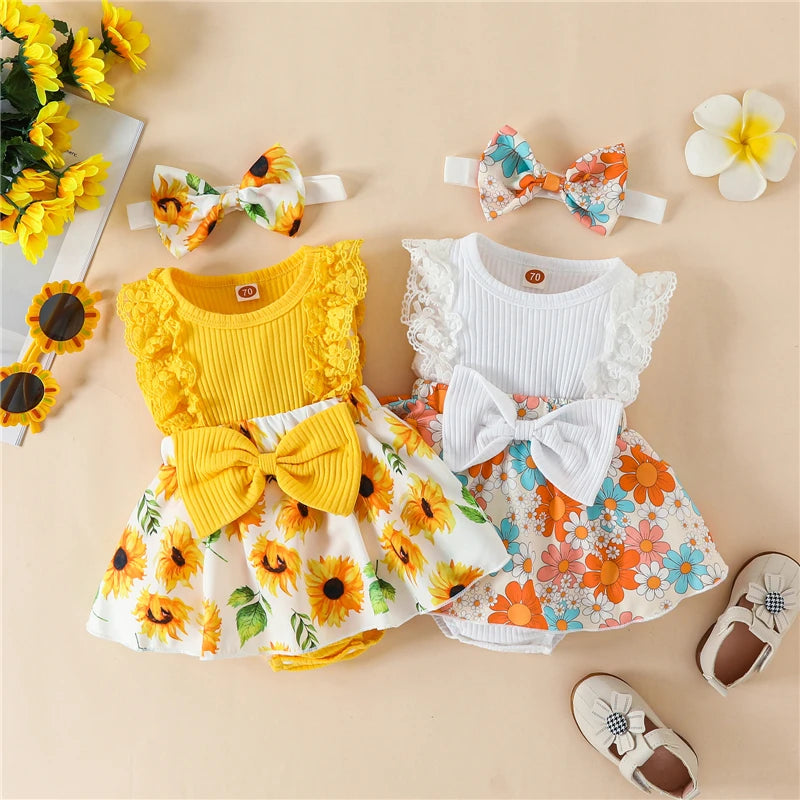 Infant Baby Girls Summer Jumpsuit Outfit Sets Flower Print Lace Sleeveless Round Neck Ruffled Bowknot Romper + Headband