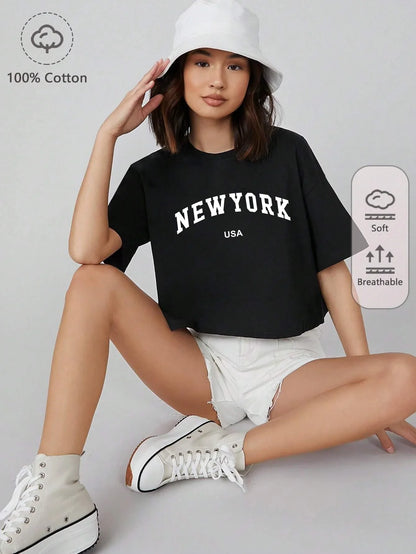 New York USA Letter Printed Tee Shirts Cotton Women Crop T-shirts