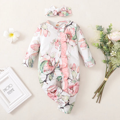 Newborn Baby Girl Romper Floral Ruffle Side Long Sleeve Bodysuit with Bowknot Headband Girls Fashion Jumpsuit for 0-18 Months