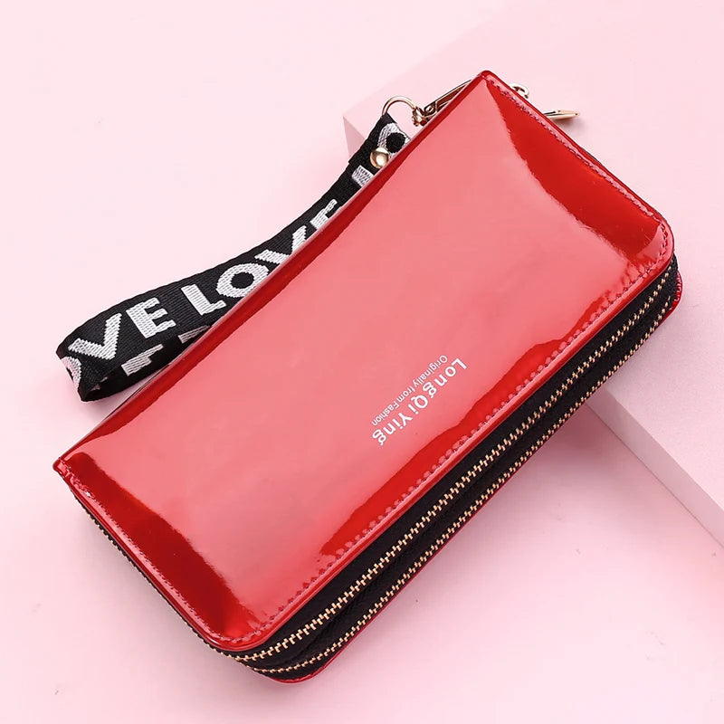 Women Wallets Double Zippers Lady Long Coin Purses Cards Holder Woman Handbags Billfold Wristlet Wallet Clutch Shiny Money Bags