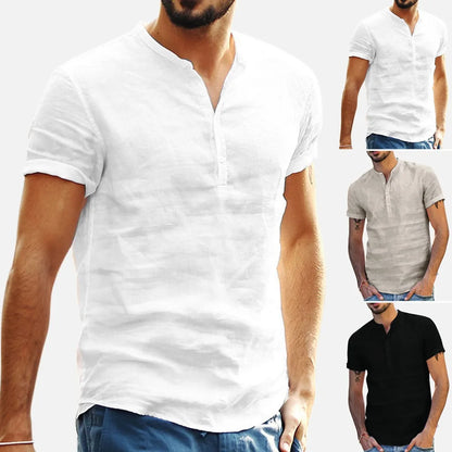 2024 New Men's Standing Collar Cotton Linen Short Sleeved Shirt Men's Designer Clothes Popular Tops for Men