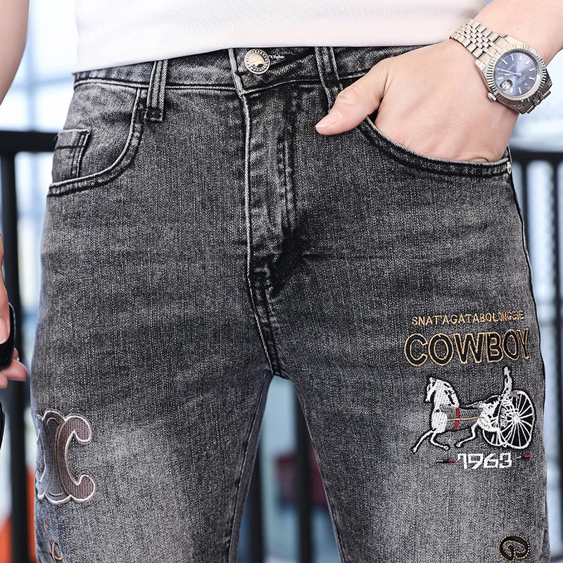 Personalized tide high-end embroidery men's jeans summer thin versatile Slim small feet trend casual gray men's pants