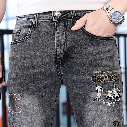 Personalized tide high-end embroidery men's jeans summer thin versatile Slim small feet trend casual gray men's pants