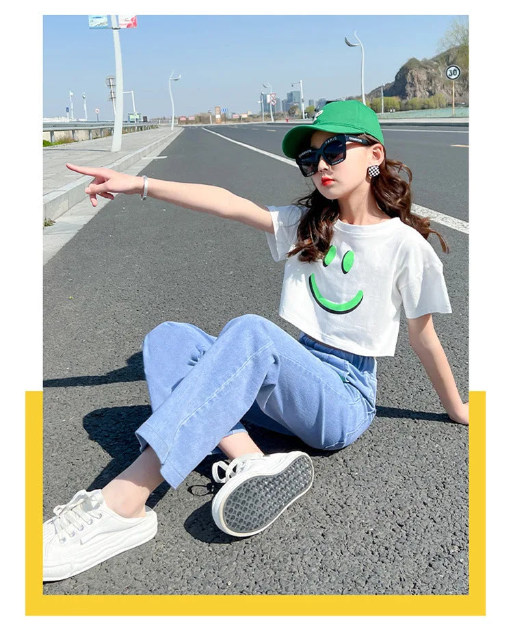 2024 Summer teens Girls Clothes Sets Outfits Kids crop top 2PCS T-shirt + demin Pants jeans Child tracksuit 6 8 10 12 14 Year