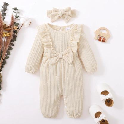 New Long Sleeve Rompers Baby Girls Spring & Autumn Jumpsuit Newborn Clothes Solid Ruffled Clothing with Headband Baby Clothing