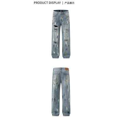 Y2K washed American style personalized printed jeans Real men's ripped trend high-end Korean straight wide-leg pants