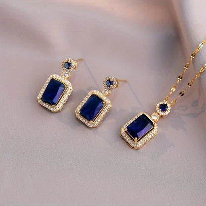 Retro Blue Zircon Geometric Pendant Necklace, Earrings