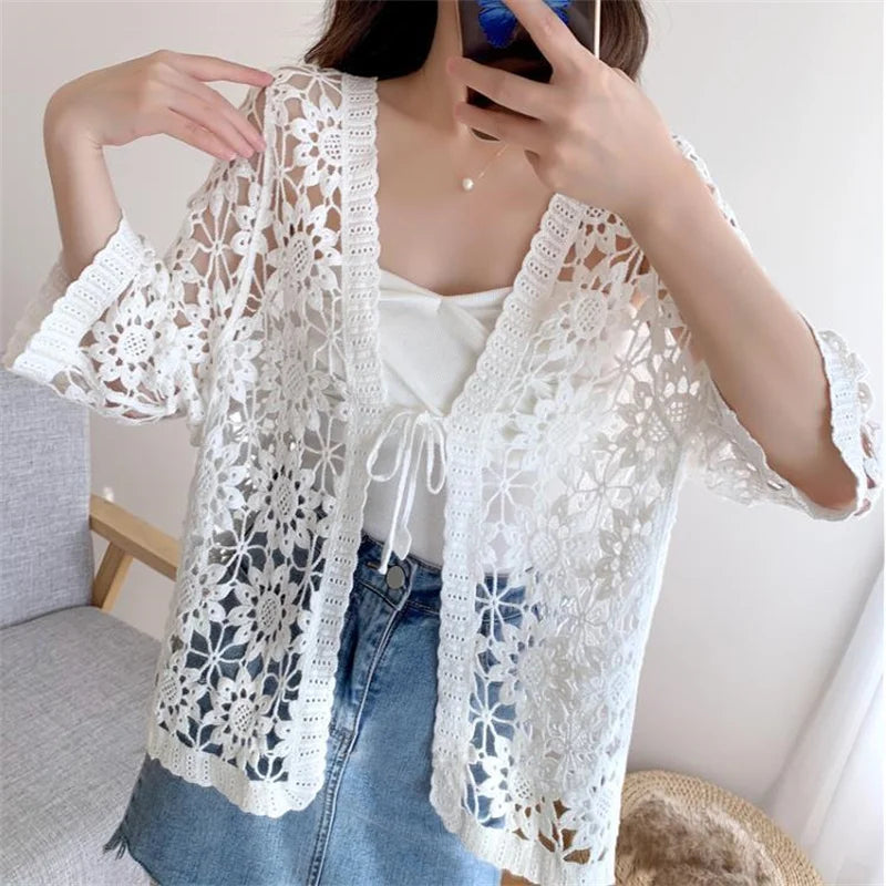 Cotton Openwork Knitted Sunscreen Clothing Women's Summer Tide Loose Cardigan V-neck and Cropped Sleeve air Conditioning Shirt