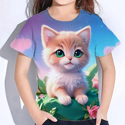 2024 Girl Summer Tops Girls Clothes 2 to 8 Years Short Sleeve Children T-Shirt Cat Print Kids T Shirt Kawaii Children's Clothing