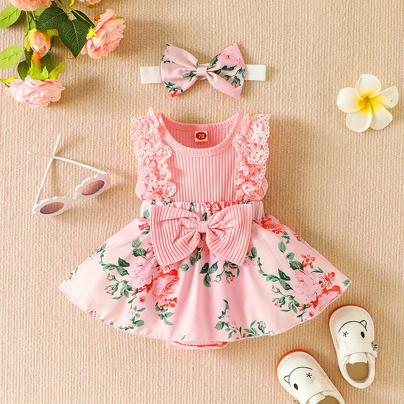 Infant Baby Girls Summer Jumpsuit Outfit Sets Flower Print Lace Sleeveless Round Neck Ruffled Bowknot Romper + Headband