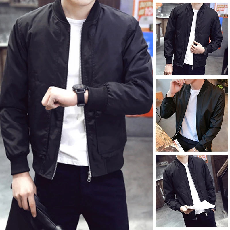 Modern Black Slim Fit Stand Collar Jacket Coat for Men, Thin and Lightweight, Long Sleeve, Sizes M~2XL, Made of Polyester