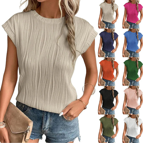 Womens Short Sleeve Textured Tops Crewneck T Shirts